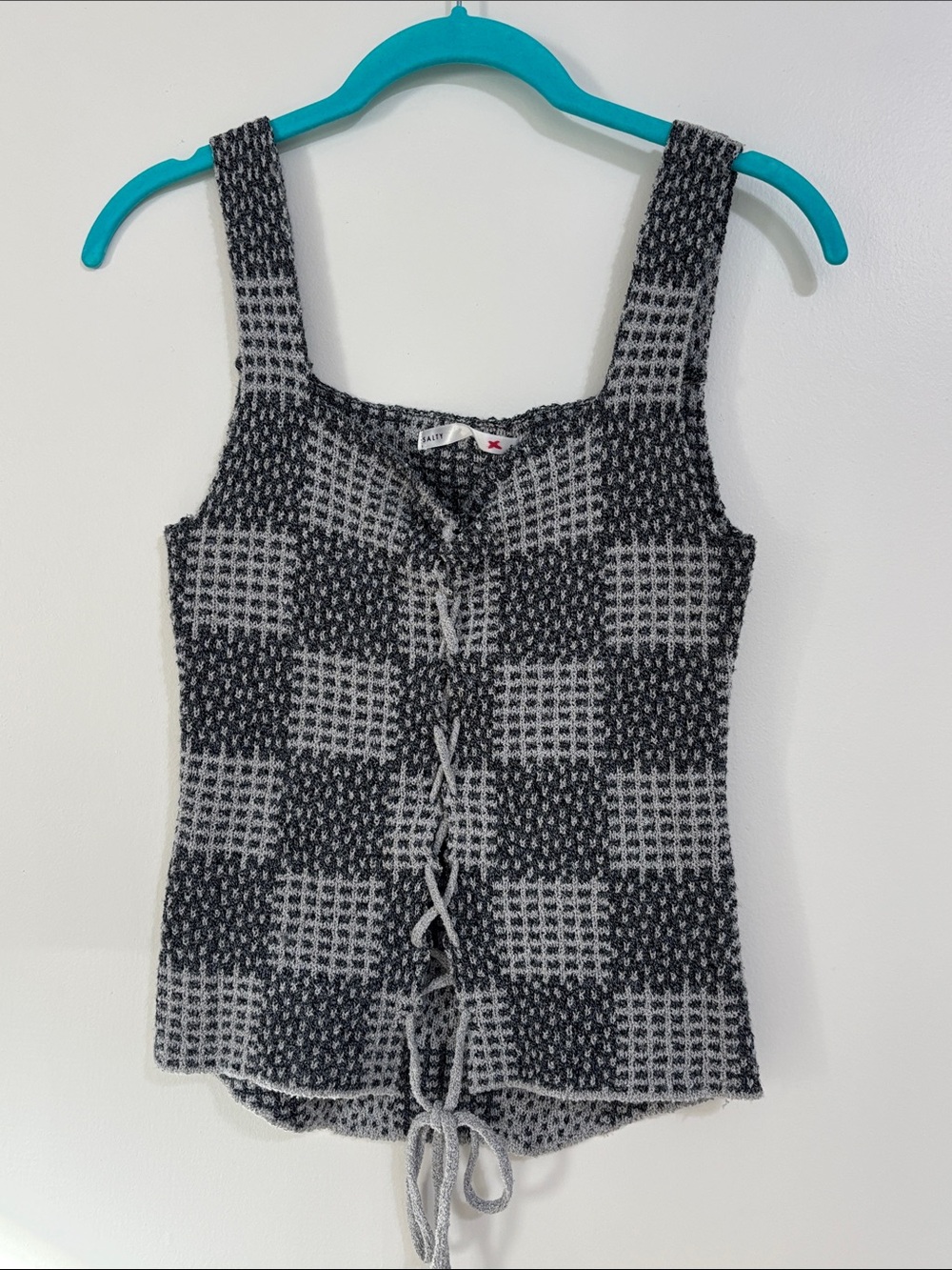 Salty Checked Knit Lace-Up Camisole in Gray and Black